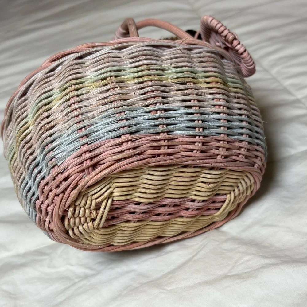Vintage Woven Easter Bunny Basket with Pink, Blue, and Tan Accents